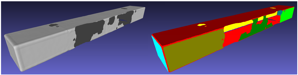 Figure: Original mesh and the colored point cloud according to the detected planes. 